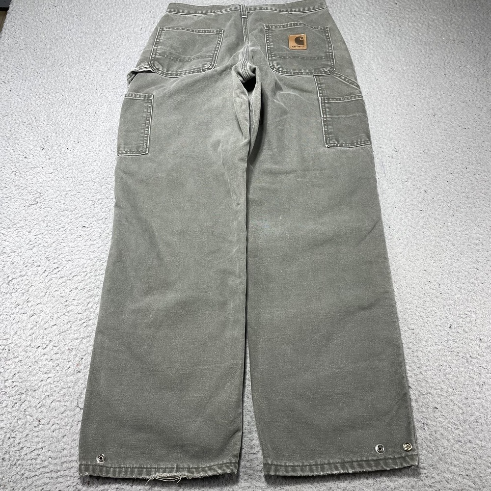 Carhartt Pants Mens 30x30 Green Flannel Lined Canvas Carpenter Relaxed Workwear - Picture 10 of 14